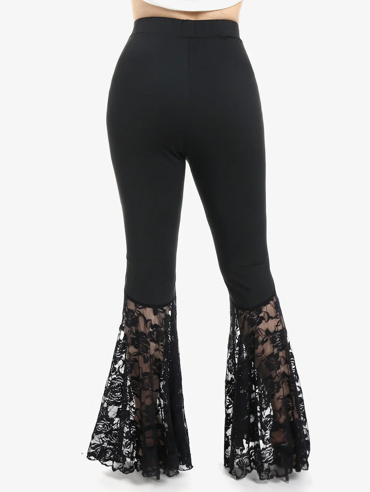 Plus Size Womens Pull On Flare Pants Gothic High Waist Overlength Lace Panel With Lace-up Pleated Trousers Skinny Pants