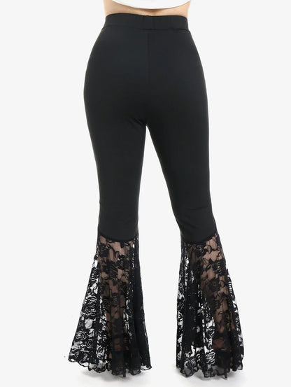 Plus Size Womens Pull On Flare Pants Gothic High Waist Overlength Lace Panel With Lace-up Pleated Trousers Skinny Pants