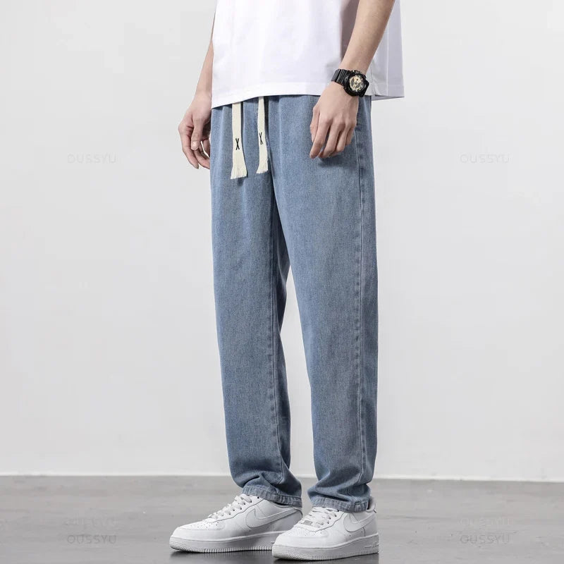 High Quality Fully Elastic Waist Men's Jeans Cotton Soft Drawstring Straight Pants Korea Casual Trousers Male Plus Size S-5XL