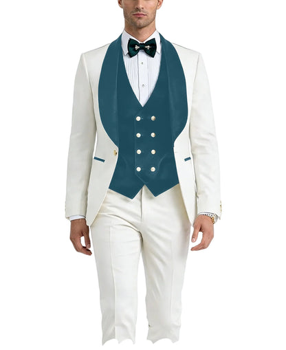 Men White Tuxedo Suit 3 Piece Shawl Lapel Slim Fit 1 Button Velvet Collar Patched Blazer Vest Pants Set for Wedding Party Groom