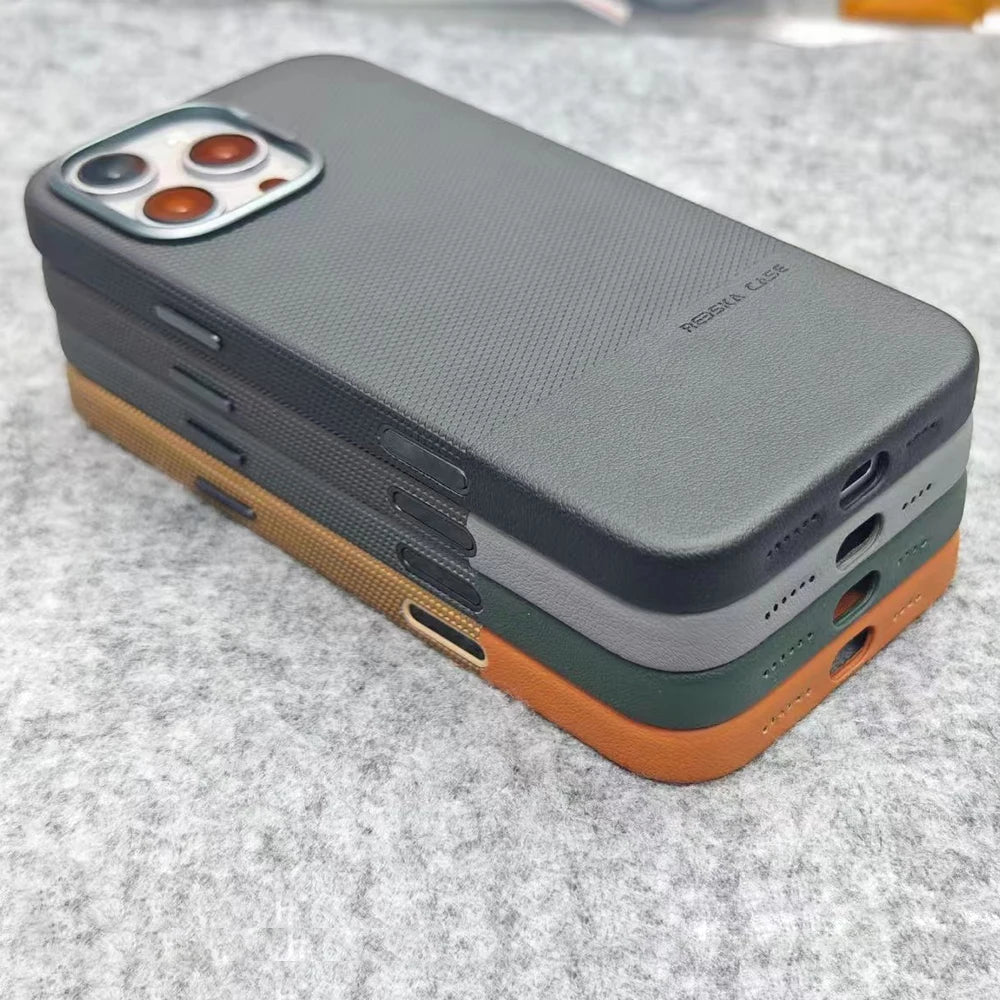 for MagSafe Luxury Business Hit Color Relief Leather Case for IPhone 16 15 14 13 Pro Max Magnetic Wireless Charging Alloy Lens