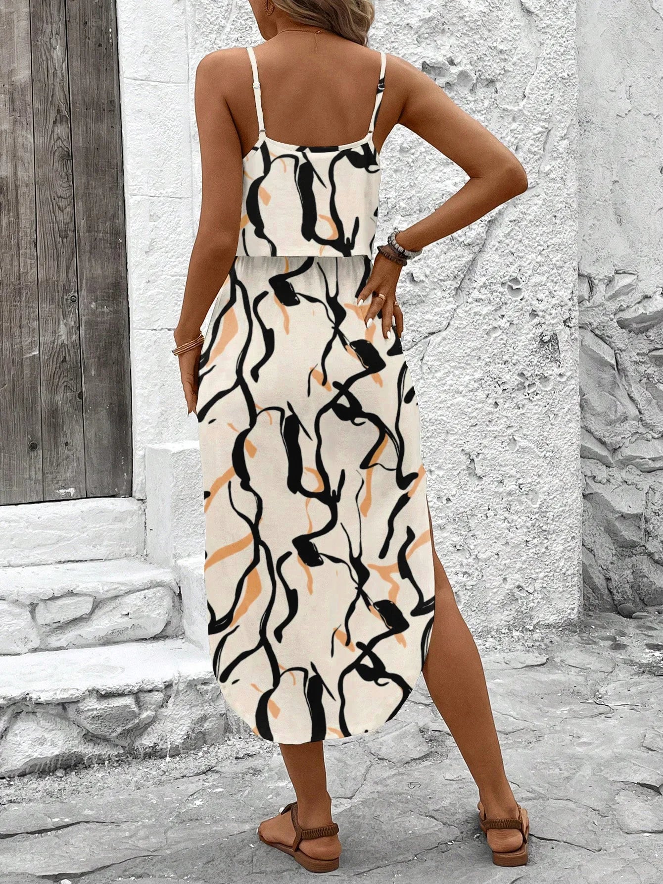 Women's Summer Spaghetti Strap Dress with Belt & Side Slit - Casual Sleeveless Flowy Dress