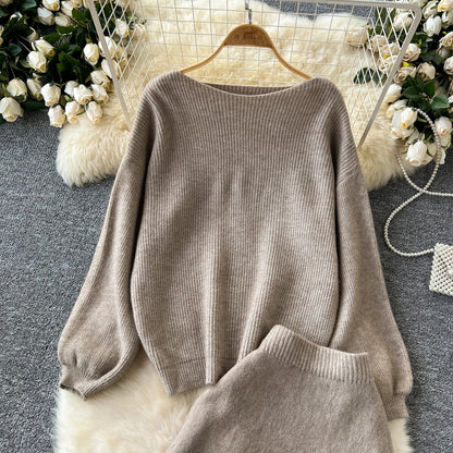 Autumn Casual Two Pieces Sets Women O-Neck Loose Knitting Top+Elastic Waist Large Swing Skirt Basic Korean Winter Sets