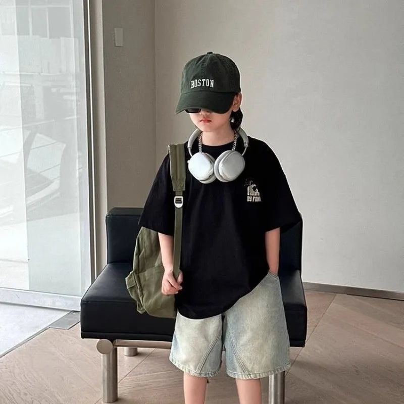 Black Graffiti Letters Pure Cotton Short Sleeve T-Shirt for Tween Boys Loose Fit Summer Youthful Wear Kids Outerwear Clothing
