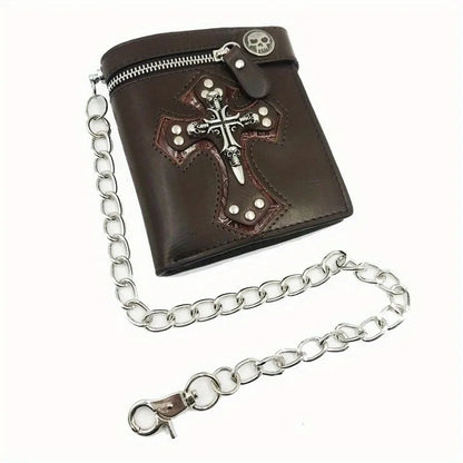 Sac à Main Rétro Punk Homme Nouveau 2025 Crâne Croix Portefeuille Pochette Chaîne Rivets Porte-cartes Vintage Rocker Multi-fonctions Mini Portefeuille