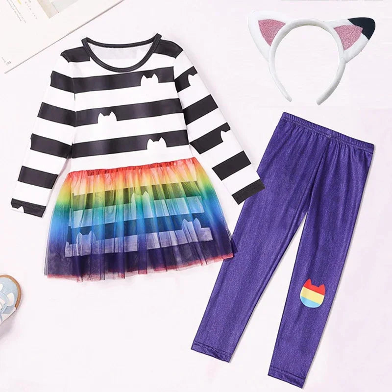 Girls Rainbow Striped Halloween Costume Cat Cosplay 2Pcs Sets For Children Summer Clothing Birthday Gifts Suit