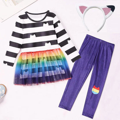 Girls Rainbow Striped Halloween Costume Cat Cosplay 2Pcs Sets For Children Summer Clothing Birthday Gifts Suit