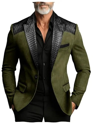 Men's Faux Suede Jacket with PU Leather Collar & Shoulder Two-Tone Blazer Contrast Trim Coat