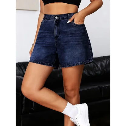 Plus Size Retro Deep Blue Elastic Washed Denim Shorts Women Summer New Y2k Streetwear High Waisted Loose Jean Shorts