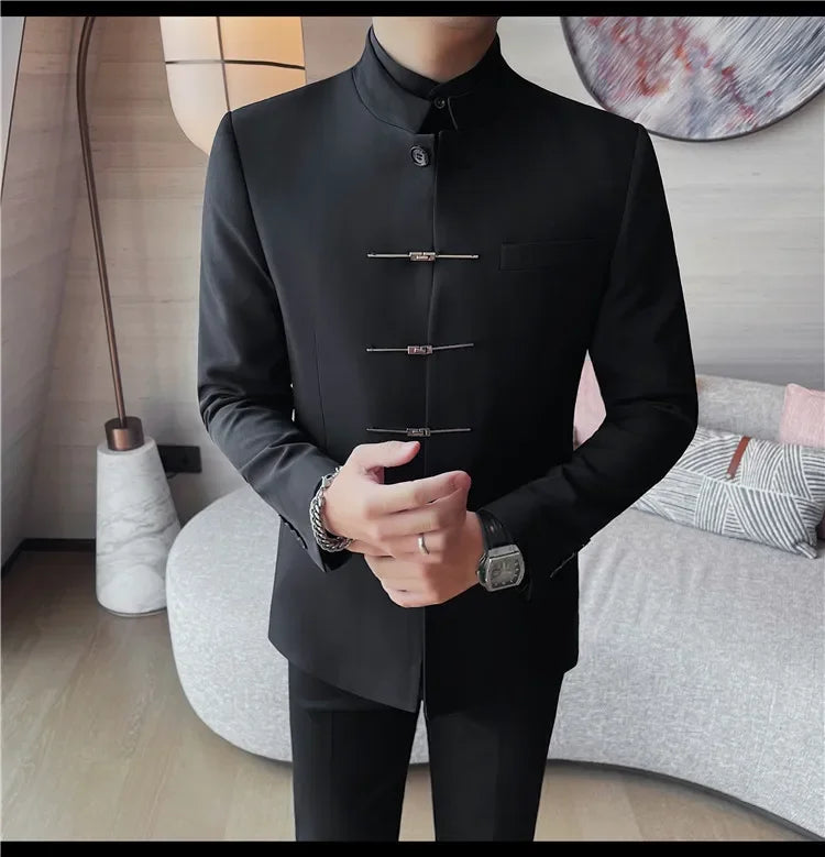 Chinese Style Stand Up Collar Suit Jacket for Men High Quality Mens Slim Fit Casual Social Wedding Dress Coat Men's Clothing