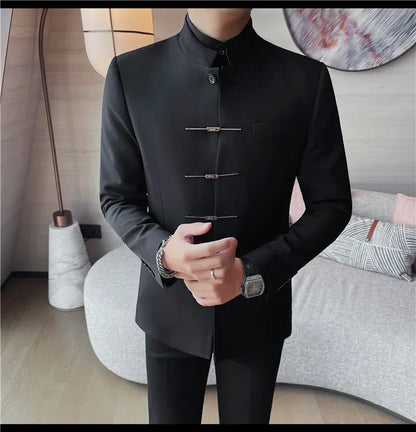 Chinese Style Stand Up Collar Suit Jacket for Men High Quality Mens Slim Fit Casual Social Wedding Dress Coat Men's Clothing