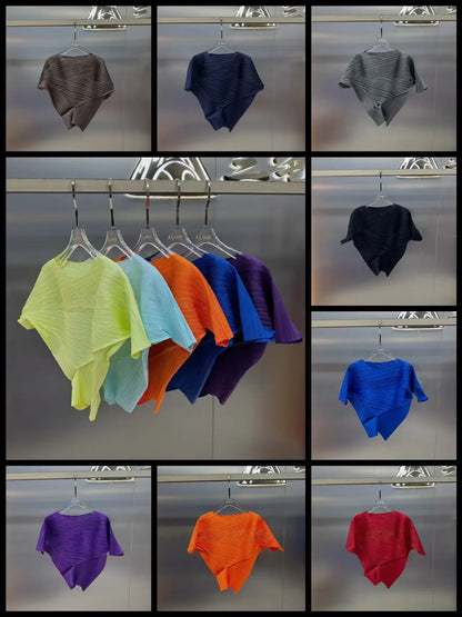 Vibrant Cyan Blue Miyake Pleated Asymmetric Short Sleeve Top, Irregular Hem Women's Casual All Match Modern Stylish Blouse