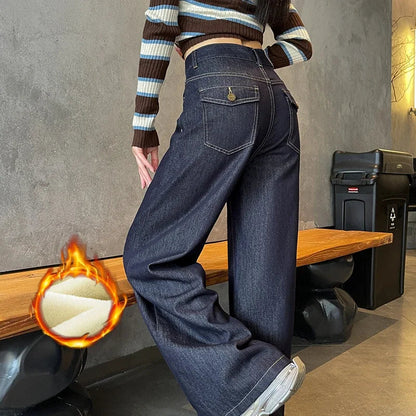 Wide Legs Fleece Jeans Women Winter Loose Velvet Casual Pants Comfortable Warm Straight Fashion Pocket Plush Denim Trousers