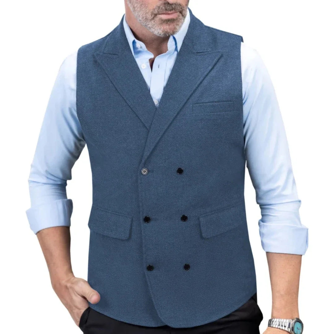 Men Vest Black Herringbone Double Button With Lapel Waistcoat For Wedding Birthday Banquet Office Business Work Men Suit Vest