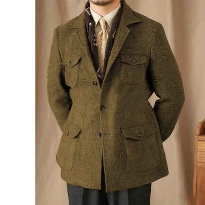 Hunting Multi-pocket Suit Jacket British Men's Retro Sport Coat With Belt Herringbone Business Causal Lapel Suit Blazers Tuxedos