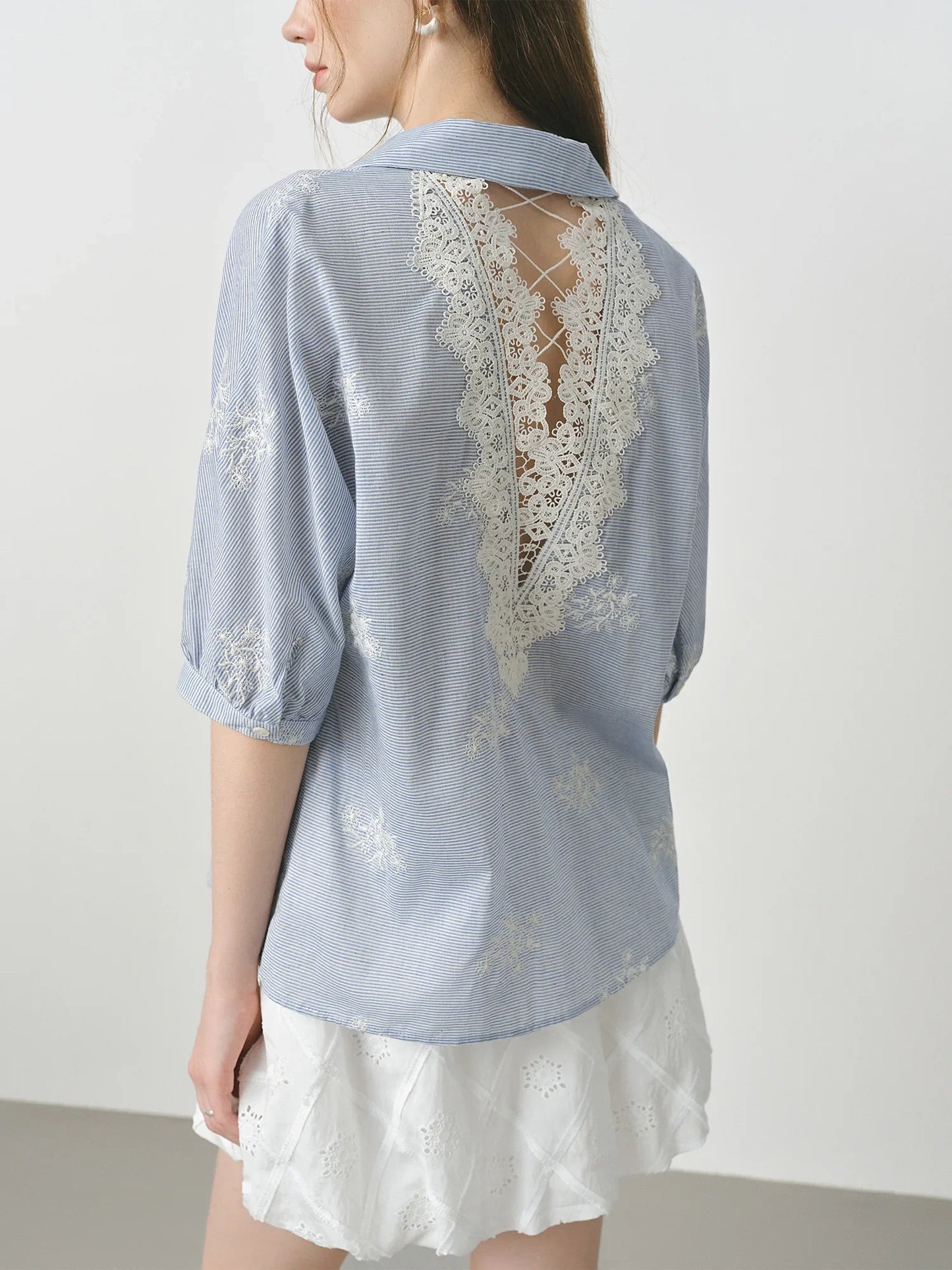 Summer Garden Embroidery Heavy Striped Shirt Women 2025 Summer New Back Hollow Top 25FS12883