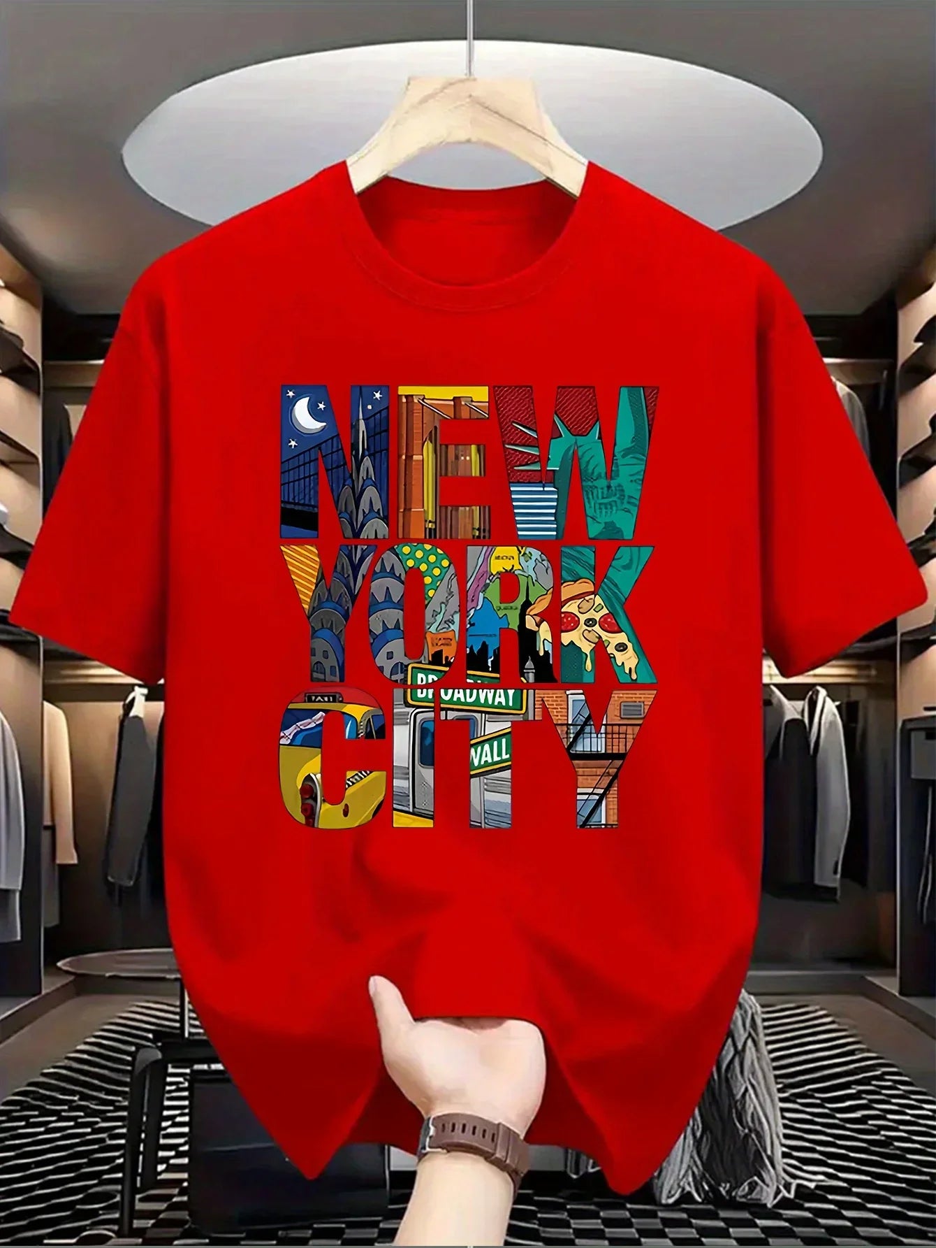 Summer men's 100% pure cotton casual loose fit plus size New York City printed comfortable round neck short sleeved T-shirt top