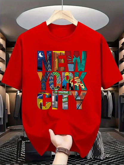 Summer men's 100% pure cotton casual loose fit plus size New York City printed comfortable round neck short sleeved T-shirt top