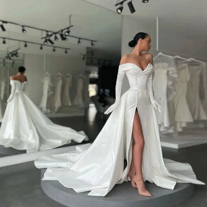 Customized White Ivory Satin Long Wedding Dresses With Detachable Train Off Shoulder High Slit Buttons Evening Gowns