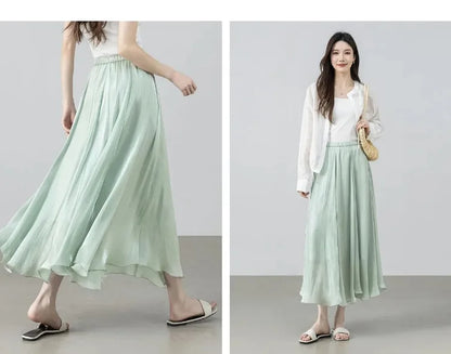 Women's Gray Elegant Skirt 2026 Summer Elastic Waist Sheen Flowy A Line Long Skirt for Woman Ladies Clothes 162QG4909