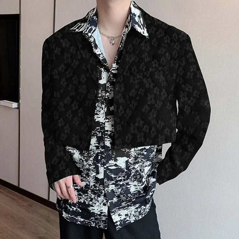 Men Blazer Flower Jacquard Lapel Long Sleeve Crop Coats Men Streetwear Autumn 2025 One Button Fashion Casual Male Suit