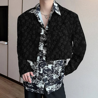 Men Blazer Flower Jacquard Lapel Long Sleeve Crop Coats Men Streetwear Autumn 2025 One Button Fashion Casual Male Suit