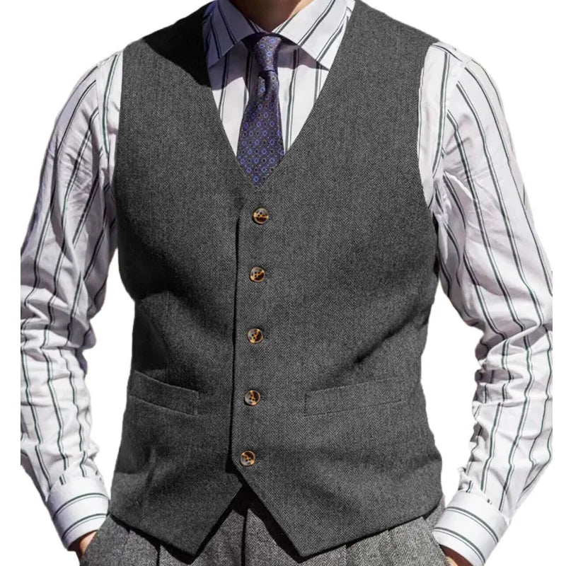 Men Vest Brown Herringbone Solid Color V Neck Waistcoat For Wedding Business Banquet Work Formal Daily Casual Men Suit Vest