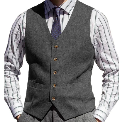 Men Vest Brown Herringbone Solid Color V Neck Waistcoat For Wedding Business Banquet Work Formal Daily Casual Men Suit Vest