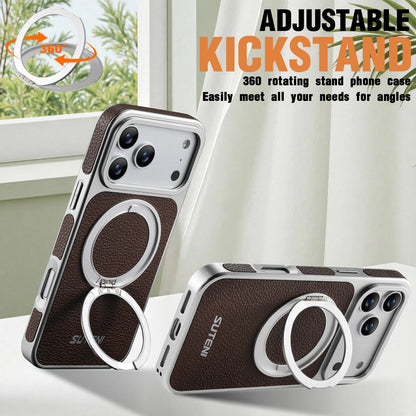Faux Leather Magnet Wireless Charging Phone Case 360° Rotating Stand Ring Buckle Frosted Feel For iPhone 17 Pro Max 16 15