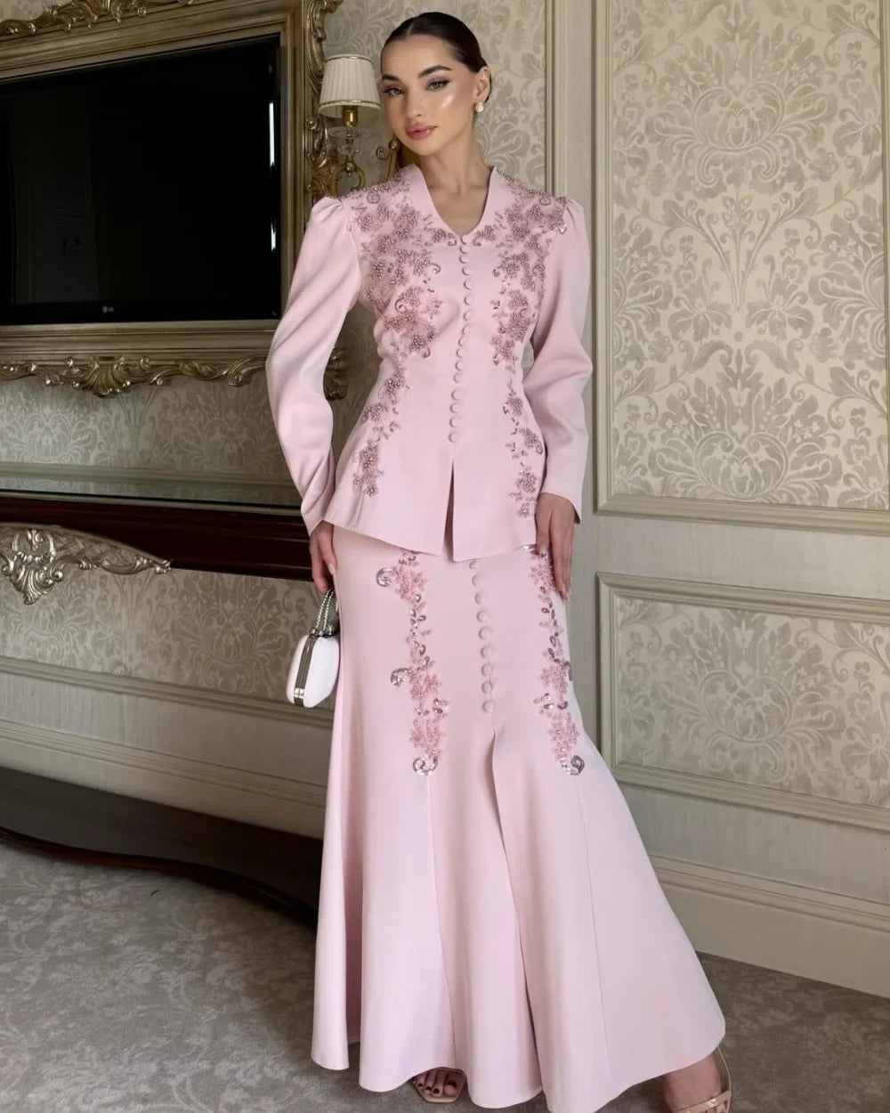 Customized Modern Style Elegant Jersey Beading Button Mermaid V-neck Long Dresses Bespoke Occasion Dresses High Quality Matching