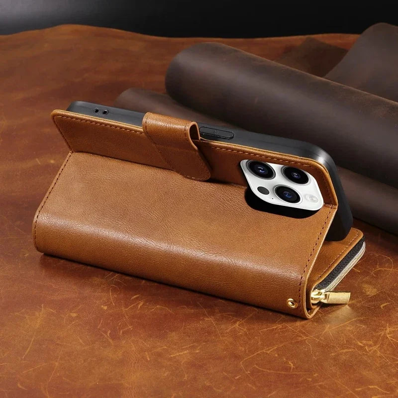 Double Layer Zipper Wallet Case with 9 Card Slots for iPhone 16 16E Pro Max 15 14 Plus13 12 Pro Max PU Leather Flip Cover