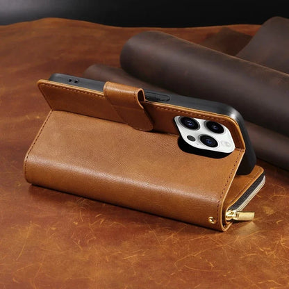 Double Layer Zipper Wallet Case with 9 Card Slots for iPhone 16 16E Pro Max 15 14 Plus13 12 Pro Max PU Leather Flip Cover
