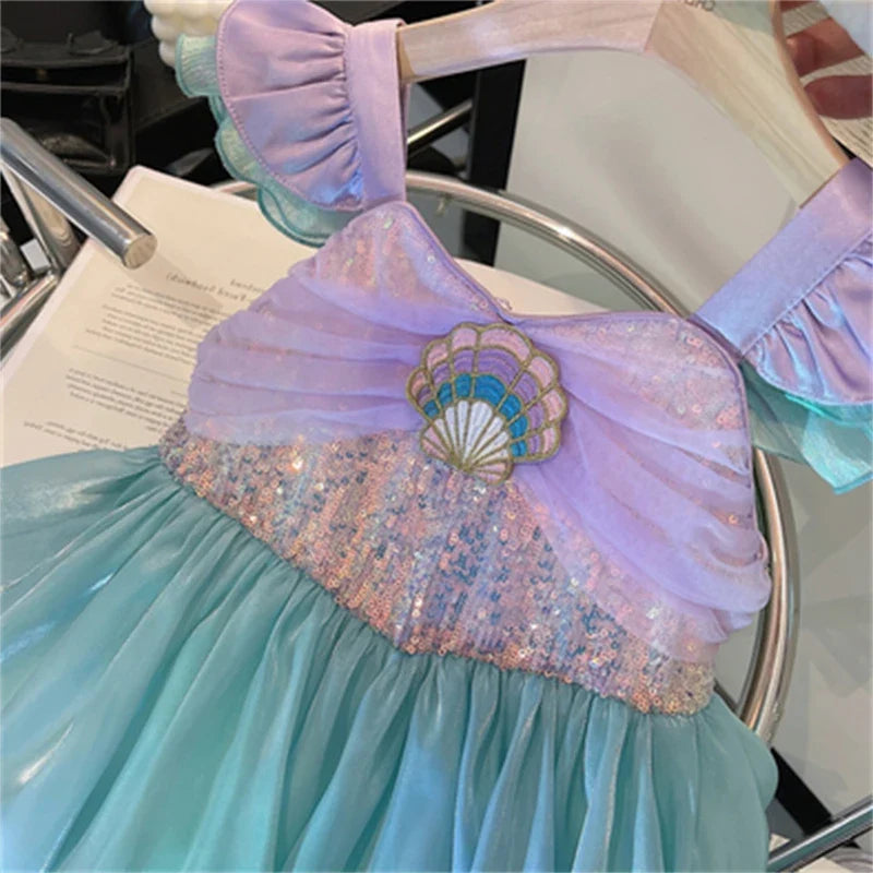 Kids Little Mermaid Summer Girls Casual Dress Ariel Princess Dress Cute Birthday Party Costume Kids Dress