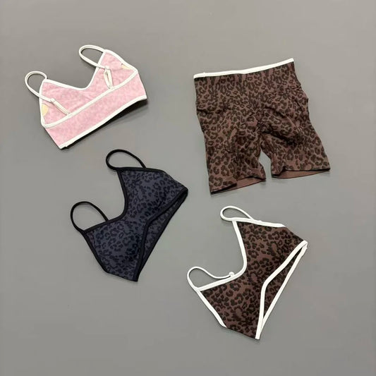 2 Pieces Leopard Print Sports Set Women Seamless Yoga Bra & High Waist Scrunch Butt Shorts Gym Workout Slim Fit Outfit