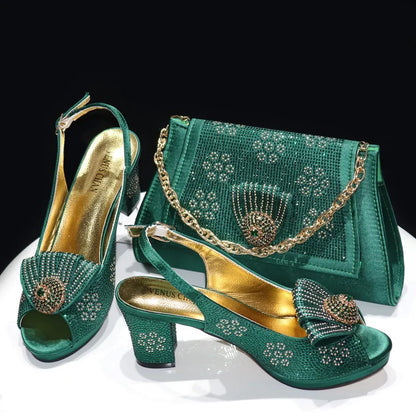 2024 Italian Design Girly Style Golden Color Wedding Shoes And Bag Full Diamond Decoration Metal Closure Bags