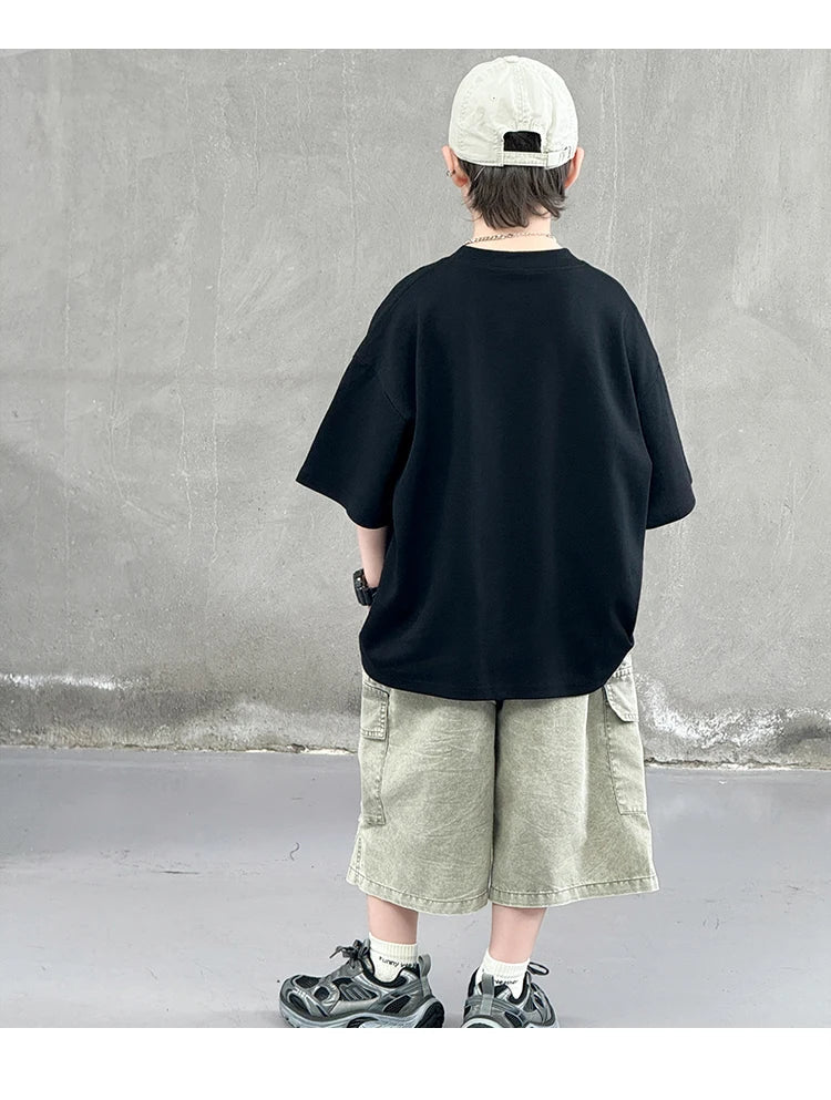 New Summer Korean Children Fashion Suit for Teen Boy Cotton Top And Bottom Set Kids Casual Tshirt Shorts 2PCS Clothing Set 7-16Y