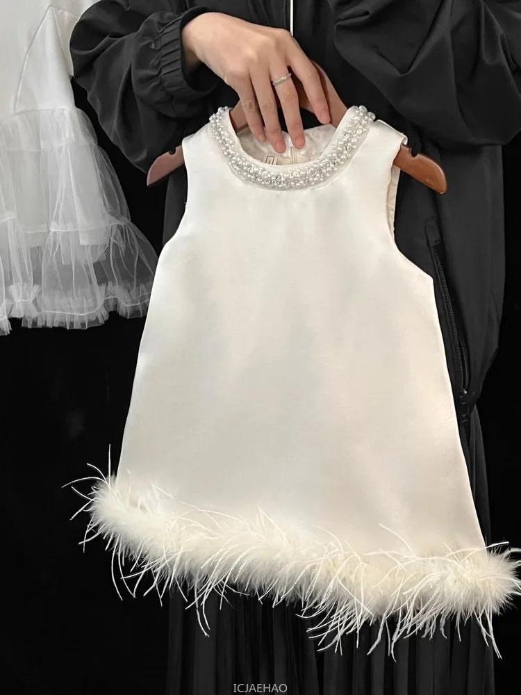 Girls Satin Feather Princess White Dress Clothes Baby Kids Birthday Party Gown Kids Formal Outfit Children Summer Costumes