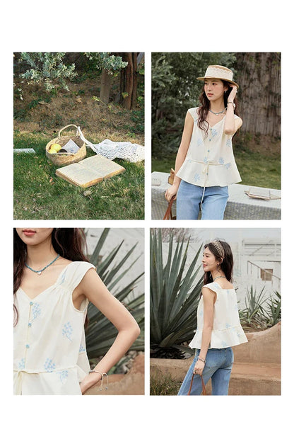 Print French Summer Shirts for Women New 2025 Sleeveless V-neck Blue Flower Cotton Blouses Female Fashion Tops MXE32X1777