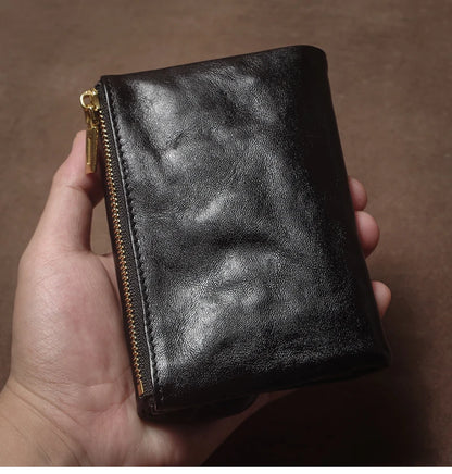 Vintage Genuine Leather Trifold Wallet for Men Women Zipper Coin Purse Driver License ID Credit Card Luxury Cowhide Wallet