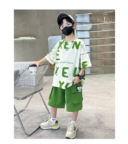 New Fashion Tween Boys Summer Sets Clothing Kids Cotton T-shirt Shorts 2 Pieces Tracksuit Age 5 6 7 8 9 10 11 12 13 14 Years Old