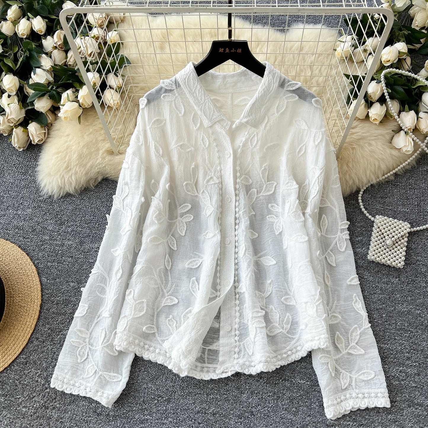 2025 Spring Gentle Women Blouse Leaves Embroidery Single Breasted Long Sleeves Summer Thin Streetwear Casual Shirt