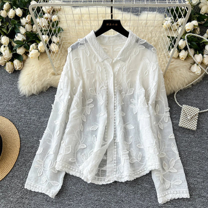 2025 Spring Gentle Women Blouse Leaves Embroidery Single Breasted Long Sleeves Summer Thin Streetwear Casual Shirt