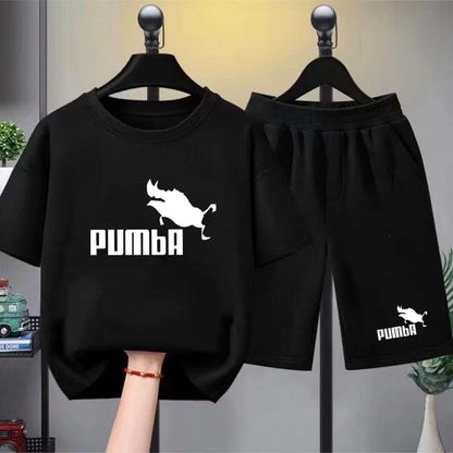 Black Children T-shirt+Bottom Wear Age 3-12 Boy Girls Set 2pcs Kids Set Wild Boar Summer Tshirt Print Leisure
