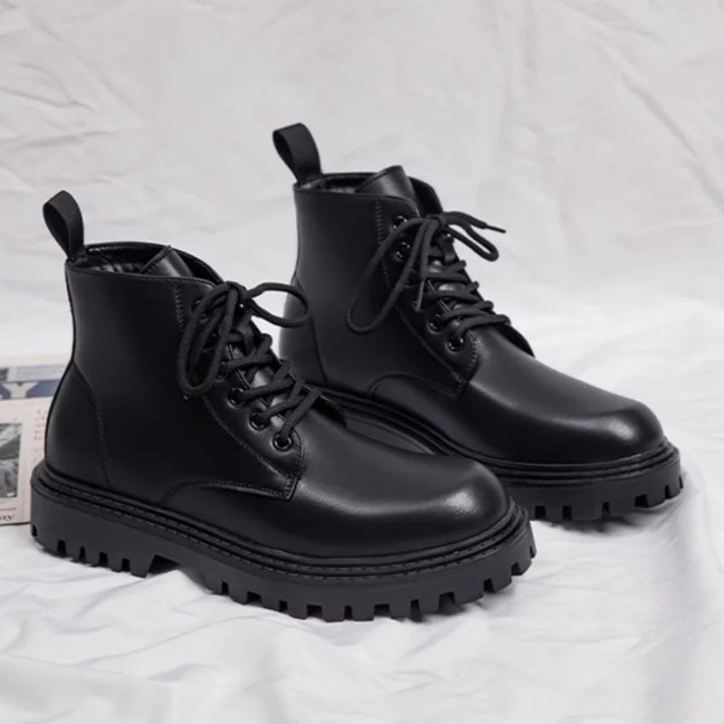 Black Men's Casual Leather Boots Fashion Winter Men Work Boot Mens Shoes Non-slip Designer High Top Ankle Boots Motorcycle Shoes
