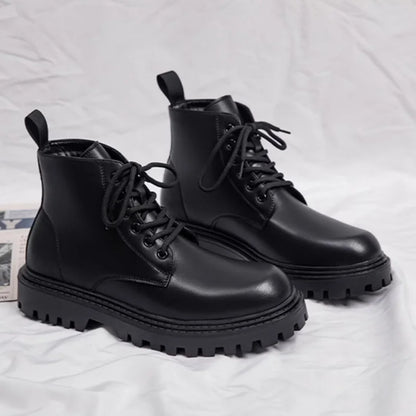 Black Men's Casual Leather Boots Fashion Winter Men Work Boot Mens Shoes Non-slip Designer High Top Ankle Boots Motorcycle Shoes