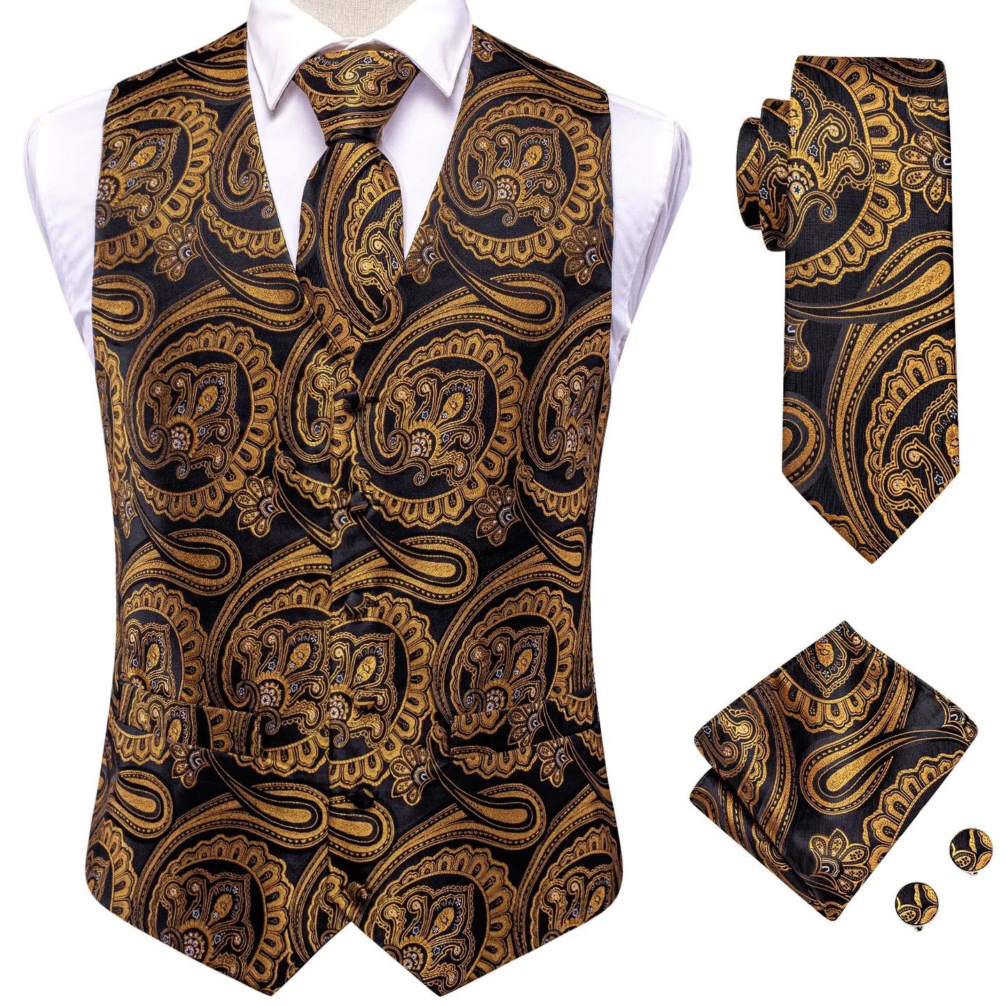 Silk Mens Waistcoat Tie Set Gold Brown Orange Beige Ivory Khaki Bronze Sleeveless Jacket Suit Vest Necktie Hanky Cufflink