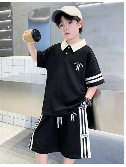 Boys Set Summer Children Clothing Korean Style Costumes Cotton Polo Shirt Shorts 2pcs Kids Casual Outfits Tracksuit Age 5-14 Y