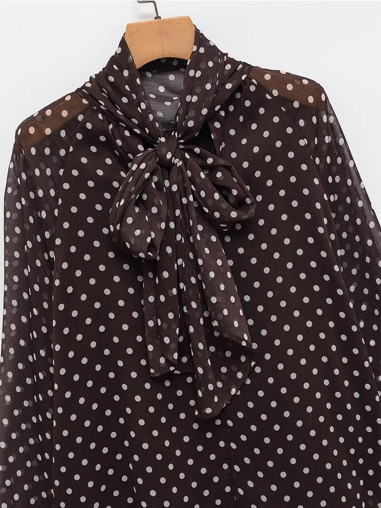 Polka Dot Printed Women Shirt 2026 Spring New Bow Tied Blouse Woman Tops Lady Ruffles Long Sleeve Loose Elegant Blouses Top ﻿