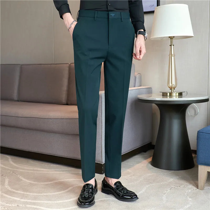 Autumn Mens Fashion Embroidered Trousers Korean Business Dress Solid Suit Pant Formal Office Social Slim Fit Casual Suit Pants