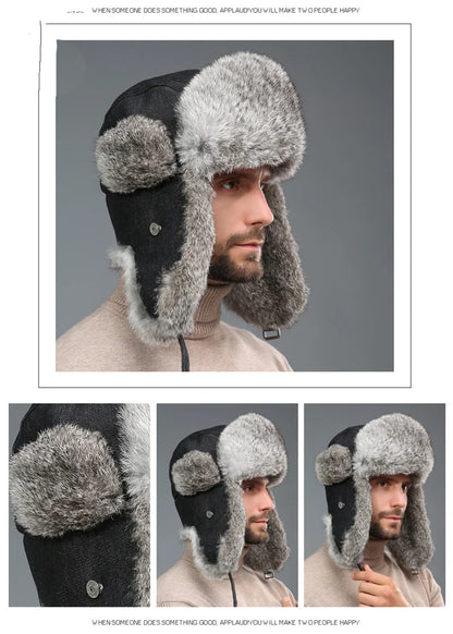 Russia Winter Real fur Hat Unisex Outdoor Windproof Super Warm Real Rabbit Fur Bomber Hats Natural Soft Natural Rabbit Fur Caps